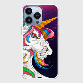 Чехол для iPhone 13 Pro с принтом Angry Unicorn в Екатеринбурге,  |  | cosmos | hair | rainbow | stars | unicorn | волосы | глаза | единорог | злой | зубы | космос | лошадь | радуга