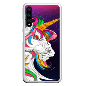 Чехол для Honor 20 с принтом Angry Unicorn в Екатеринбурге, Силикон | Область печати: задняя сторона чехла, без боковых панелей | cosmos | hair | rainbow | stars | unicorn | волосы | глаза | единорог | злой | зубы | космос | лошадь | радуга