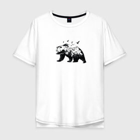 Мужская футболка хлопок Oversize с принтом Медведь в Екатеринбурге, 100% хлопок | свободный крой, круглый ворот, “спинка” длиннее передней части | горы | медведь | минимализм | птицы