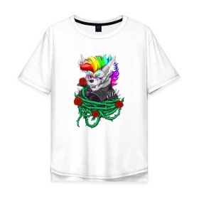 Мужская футболка хлопок Oversize с принтом Красочный Волчонок в Екатеринбурге, 100% хлопок | свободный крой, круглый ворот, “спинка” длиннее передней части | волк | краски | красочный волчонок | радуга | рисунок | розы | тернии | цветы