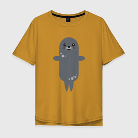 Мужская футболка хлопок Oversize с принтом Миленький тюлень в Екатеринбурге, 100% хлопок | свободный крой, круглый ворот, “спинка” длиннее передней части | животные | карикатура | милота | тюлень | тюленьчик