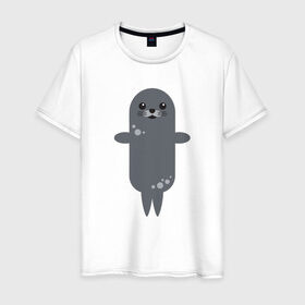 Мужская футболка хлопок с принтом Миленький тюлень в Екатеринбурге, 100% хлопок | прямой крой, круглый вырез горловины, длина до линии бедер, слегка спущенное плечо. | животные | карикатура | милота | тюлень | тюленьчик