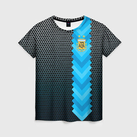 Женская футболка 3D с принтом Аргентина форма  в Екатеринбурге, 100% полиэфир ( синтетическое хлопкоподобное полотно) | прямой крой, круглый вырез горловины, длина до линии бедер | аргентина | атрибутика | бег | победа | поле | сборная | соты | спорт | узор | футбол