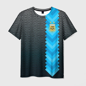 Мужская футболка 3D с принтом Аргентина форма  в Екатеринбурге, 100% полиэфир | прямой крой, круглый вырез горловины, длина до линии бедер | аргентина | атрибутика | бег | победа | поле | сборная | соты | спорт | узор | футбол