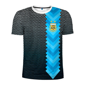 Мужская футболка 3D спортивная с принтом Аргентина форма  в Екатеринбурге, 100% полиэстер с улучшенными характеристиками | приталенный силуэт, круглая горловина, широкие плечи, сужается к линии бедра | аргентина | атрибутика | бег | победа | поле | сборная | соты | спорт | узор | футбол
