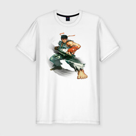 Мужская футболка хлопок Slim с принтом Street Fighter Ryu в Екатеринбурге, 92% хлопок, 8% лайкра | приталенный силуэт, круглый вырез ворота, длина до линии бедра, короткий рукав | Тематика изображения на принте: street fighter ryu