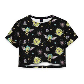 Женская футболка Cropp-top с принтом Rick and Morty pattern space в Екатеринбурге, 100% полиэстер | круглая горловина, длина футболки до линии талии, рукава с отворотами | Тематика изображения на принте: morty | pattern | rick | rick and morty | space | t shirt | vdosadir