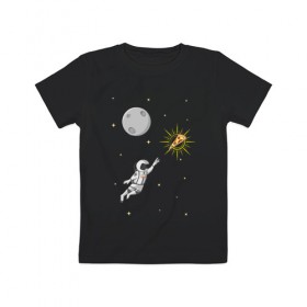 Детская футболка хлопок с принтом Пиццанавт в Екатеринбурге, 100% хлопок | круглый вырез горловины, полуприлегающий силуэт, длина до линии бедер | астронавт | графика | еда | звезды | космонавт | космос | луна | пицца | рисунок