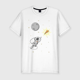 Мужская футболка премиум с принтом Пиццанавт в Екатеринбурге, 92% хлопок, 8% лайкра | приталенный силуэт, круглый вырез ворота, длина до линии бедра, короткий рукав | астронавт | графика | еда | звезды | космонавт | космос | луна | пицца | рисунок