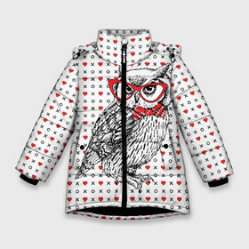 Зимняя куртка для девочек 3D с принтом Мудрая сова в очках в Екатеринбурге, ткань верха — 100% полиэстер; подклад — 100% полиэстер, утеплитель — 100% полиэстер. | длина ниже бедра, удлиненная спинка, воротник стойка и отстегивающийся капюшон. Есть боковые карманы с листочкой на кнопках, утяжки по низу изделия и внутренний карман на молнии. 

Предусмотрены светоотражающий принт на спинке, радужный светоотражающий элемент на пуллере молнии и на резинке для утяжки. | бабочки | мудрая | мудрость | наука | начитанная | очки | птица | сова | совенок | совушка | умная