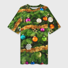 Платье-футболка 3D с принтом Живая новогодняя ёлка в Екатеринбурге,  |  | Тематика изображения на принте: гирлянда | елка | ёлочные игрушки | ель | конфетти | мишура | новый год | пихта | снежинки | украшения | хвоя