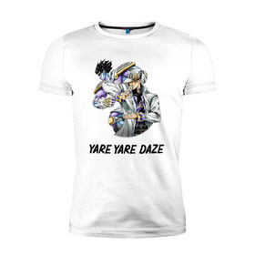 Мужская футболка премиум с принтом Yare Yare Daze в Екатеринбурге, 92% хлопок, 8% лайкра | приталенный силуэт, круглый вырез ворота, длина до линии бедра, короткий рукав | anime | jojo | senpai | tian | аниме | анимэ | джоджо | ониме | онимэ | сенпай | тян