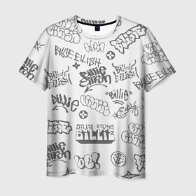 Мужская футболка 3D с принтом Billie Eilish Graffiti Gray в Екатеринбурге, 100% полиэфир | прямой крой, круглый вырез горловины, длина до линии бедер | billie | eilish | graffiti | grunge | айлиш | беляш | беляшик | билли | биляш | граффити | татуировки