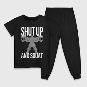 Детская пижама хлопок с принтом Shut up and ssquat в Екатеринбурге, 100% хлопок |  брюки и футболка прямого кроя, без карманов, на брюках мягкая резинка на поясе и по низу штанин
 | lift | powerlifting | shut up | squat | приседание со штангой