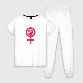 Женская пижама хлопок с принтом Womanpower в Екатеринбурге, 100% хлопок | брюки и футболка прямого кроя, без карманов, на брюках мягкая резинка на поясе и по низу штанин | logo | woman | womanpower | женские | женский | женское | знак | знаки | значёк | феминизм | феминистка