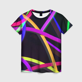Женская футболка 3D с принтом Светящиеся полосы в Екатеринбурге, 100% полиэфир ( синтетическое хлопкоподобное полотно) | прямой крой, круглый вырез горловины, длина до линии бедер | abstract | neon | абстрактно | абстрактный | абстракция | линии | неон | неонка | неоновая | неоновые | неоновый | полоски | полосы | разноцветные | светящиеся | цветные