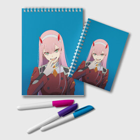 Блокнот с принтом Darling In The Franxx в Екатеринбурге, 100% бумага | 48 листов, плотность листов — 60 г/м2, плотность картонной обложки — 250 г/м2. Листы скреплены удобной пружинной спиралью. Цвет линий — светло-серый
 | 02 | anime | darling in the franxx | hiro | manga | zero two | аниме | ахегао | любимый во франксе | манга | милый во франксе | ноль два | хиро