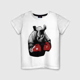 Детская футболка хлопок с принтом носорог в боксерских перчатках в Екатеринбурге, 100% хлопок | круглый вырез горловины, полуприлегающий силуэт, длина до линии бедер | бокс | носорог | носорог в боксерских перчатках | перчатки | силовой спорт