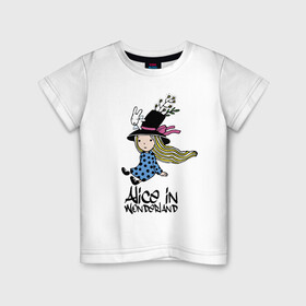 Детская футболка хлопок с принтом Алиса в стране чудес в Екатеринбурге, 100% хлопок | круглый вырез горловины, полуприлегающий силуэт, длина до линии бедер | alice | dress | girl | hair | hat | rabbit | ribbon | tale | wings | алиса | бант | волосы | девочка | кролик | крылья | лицо | платье | сказка | шляпа