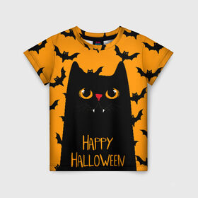 Детская футболка 3D с принтом Happy halloween в Екатеринбурге, 100% гипоаллергенный полиэфир | прямой крой, круглый вырез горловины, длина до линии бедер, чуть спущенное плечо, ткань немного тянется | halloween | horror | вампир | кот | кот вампир | котик | кошка | летучие мыши | мыши | пятница 13 | страшилки | страшно | ужасы | хоррор | хэллоуин