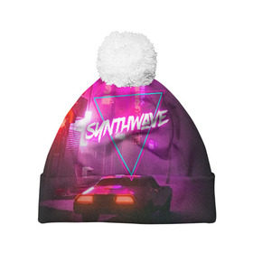 Шапка 3D c помпоном с принтом SYNTHWAVE / RETROWAVE в Екатеринбурге, 100% полиэстер | универсальный размер, печать по всей поверхности изделия | hotline miami | neon | new retro wave | outrun | outrun electro | retro | retrowave | synth | synthwave | неон | ретро | хотлайн майами