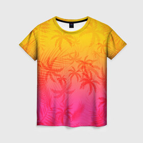 Женская футболка 3D с принтом РЕТРО ПАЛЬМЫ в Екатеринбурге, 100% полиэфир ( синтетическое хлопкоподобное полотно) | прямой крой, круглый вырез горловины, длина до линии бедер | hotline miami | neon | new retro wave | outrun | outrun electro | paints | palmen | rainbow | retro | retrowave | summer | synth | synthwave | tropical | брызги | брызги красок | звёзды | космос | краски | лето | неон | пальмы | радуга | 