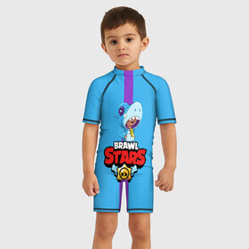 Детский купальный костюм 3D с принтом BRAWL STARS LEON SHARK в Екатеринбурге, Полиэстер 85%, Спандекс 15% | застежка на молнии на спине | android | brawl stars | colt | crow | games | leon | penny | poco. | shelly | spike | wanted | брав | бравл старс | звезды | игры | мобильные игры | старс