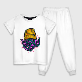 Детская пижама хлопок с принтом Octopus в Екатеринбурге, 100% хлопок |  брюки и футболка прямого кроя, без карманов, на брюках мягкая резинка на поясе и по низу штанин
 | emo | lil peep | octopus | purple | rap | rock | в шапке | желтый | монстр | осьминог | тату | татуировка | фиолетовый | щупальца | щупальцы | яркий цвет