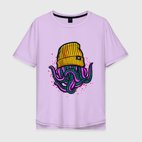 Мужская футболка хлопок Oversize с принтом Octopus в Екатеринбурге, 100% хлопок | свободный крой, круглый ворот, “спинка” длиннее передней части | emo | lil peep | octopus | purple | rap | rock | в шапке | желтый | монстр | осьминог | тату | татуировка | фиолетовый | щупальца | щупальцы | яркий цвет