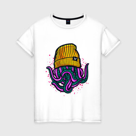 Женская футболка хлопок с принтом Octopus в Екатеринбурге, 100% хлопок | прямой крой, круглый вырез горловины, длина до линии бедер, слегка спущенное плечо | emo | lil peep | octopus | purple | rap | rock | в шапке | желтый | монстр | осьминог | тату | татуировка | фиолетовый | щупальца | щупальцы | яркий цвет