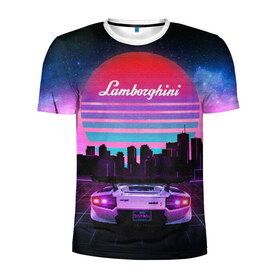 Мужская футболка 3D спортивная с принтом Lamborghini overdrive в Екатеринбурге, 100% полиэстер с улучшенными характеристиками | приталенный силуэт, круглая горловина, широкие плечи, сужается к линии бедра | Тематика изображения на принте: 80х | 90х | hotlinemimai | outrun | retrowave | synth | synthwave | гонки | дискотека | драйв | ламборгини | ламборджини | неоновые | ретро | светящиеся | скорость