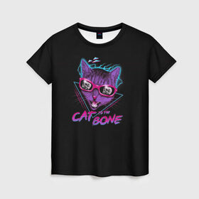 Женская футболка 3D с принтом Cat To The Bone в Екатеринбурге, 100% полиэфир ( синтетическое хлопкоподобное полотно) | прямой крой, круглый вырез горловины, длина до линии бедер | 80 | bone | bones | cat | cyber | game | hotline | hotlinemiami | maiami | music | outrun | retro | retrowave | skull | synth | synthwave | игра | кибер | кот | кошка | ретро | череп