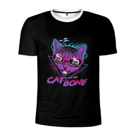 Мужская футболка 3D спортивная с принтом Cat To The Bone в Екатеринбурге, 100% полиэстер с улучшенными характеристиками | приталенный силуэт, круглая горловина, широкие плечи, сужается к линии бедра | 80 | bone | bones | cat | cyber | game | hotline | hotlinemiami | maiami | music | outrun | retro | retrowave | skull | synth | synthwave | игра | кибер | кот | кошка | ретро | череп