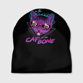 Шапка 3D с принтом Cat To The Bone в Екатеринбурге, 100% полиэстер | универсальный размер, печать по всей поверхности изделия | 80 | bone | bones | cat | cyber | game | hotline | hotlinemiami | maiami | music | outrun | retro | retrowave | skull | synth | synthwave | игра | кибер | кот | кошка | ретро | череп