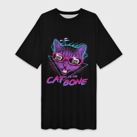 Платье-футболка 3D с принтом Cat To The Bone в Екатеринбурге,  |  | 80 | bone | bones | cat | cyber | game | hotline | hotlinemiami | maiami | music | outrun | retro | retrowave | skull | synth | synthwave | игра | кибер | кот | кошка | ретро | череп