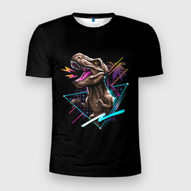 Мужская футболка 3D спортивная с принтом Тираннозавр Рекс в Екатеринбурге, 100% полиэстер с улучшенными характеристиками | приталенный силуэт, круглая горловина, широкие плечи, сужается к линии бедра | 80 | cyber | dinosaur | game | hotline | maiami | music | outrun | retro | retrowave | rex | synth | synthwave | tyrannosaur | динозавр | игра | кибер | рекс | ретро | тираннозавр
