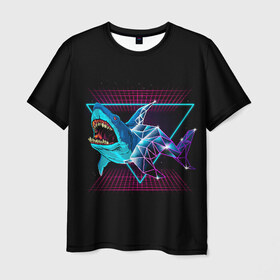 Мужская футболка 3D с принтом Shark в Екатеринбурге, 100% полиэфир | прямой крой, круглый вырез горловины, длина до линии бедер | 80 | cyber | dark | game | hotline | hotlinemiami | maiami | moon | music | outrun | retro | retrowave | shark | synth | synthwave | акула | игра | кибер | луна | море | ночь | океан | ретро