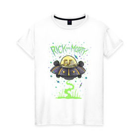 Женская футболка хлопок с принтом Rick and Morty on a spaceship в Екатеринбурге, 100% хлопок | прямой крой, круглый вырез горловины, длина до линии бедер, слегка спущенное плечо | Тематика изображения на принте: spaceship | vdgerir | космический корабль | нло | тарелка