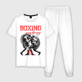 Мужская пижама хлопок с принтом Boxing is my therapy в Екатеринбурге, 100% хлопок | брюки и футболка прямого кроя, без карманов, на брюках мягкая резинка на поясе и по низу штанин
 | boxing | mike tyson | my therapy | бокс | майк тайсон
