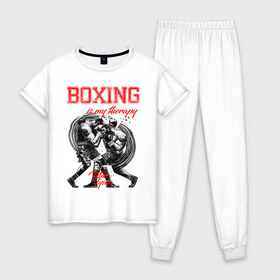 Женская пижама хлопок с принтом Boxing is my therapy в Екатеринбурге, 100% хлопок | брюки и футболка прямого кроя, без карманов, на брюках мягкая резинка на поясе и по низу штанин | boxing | mike tyson | my therapy | бокс | майк тайсон