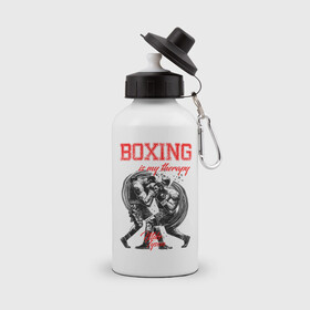Бутылка спортивная с принтом Boxing is my therapy в Екатеринбурге, металл | емкость — 500 мл, в комплекте две пластиковые крышки и карабин для крепления | boxing | mike tyson | my therapy | бокс | майк тайсон