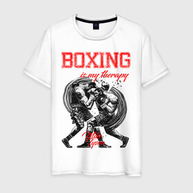 Мужская футболка хлопок с принтом Boxing is my therapy в Екатеринбурге, 100% хлопок | прямой крой, круглый вырез горловины, длина до линии бедер, слегка спущенное плечо. | Тематика изображения на принте: boxing | mike tyson | my therapy | бокс | майк тайсон