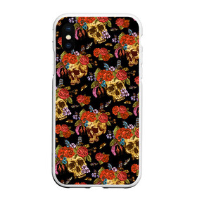 Чехол для iPhone XS Max матовый с принтом Skulls and Roses в Екатеринбурге, Силикон | Область печати: задняя сторона чехла, без боковых панелей | Тематика изображения на принте: flowers | halloween | rose | skull | tattoo | жуки | насекомые | роза | тату | татуировка | хеллоуин | хэллоуин | цветок | цветы | череп