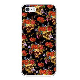 Чехол для iPhone 5/5S матовый с принтом Skulls and Roses в Екатеринбурге, Силикон | Область печати: задняя сторона чехла, без боковых панелей | Тематика изображения на принте: flowers | halloween | rose | skull | tattoo | жуки | насекомые | роза | тату | татуировка | хеллоуин | хэллоуин | цветок | цветы | череп