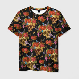 Мужская футболка 3D с принтом Skulls and Roses в Екатеринбурге, 100% полиэфир | прямой крой, круглый вырез горловины, длина до линии бедер | flowers | halloween | rose | skull | tattoo | жуки | насекомые | роза | тату | татуировка | хеллоуин | хэллоуин | цветок | цветы | череп