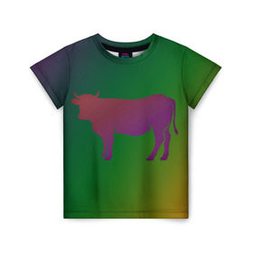 Детская футболка 3D с принтом Корова(трехцветный градиент) в Екатеринбурге, 100% гипоаллергенный полиэфир | прямой крой, круглый вырез горловины, длина до линии бедер, чуть спущенное плечо, ткань немного тянется | Тематика изображения на принте: animals | животные | звери | корова | коровка | коровы | мягкий цвет | прикольная картинка | простая картинка