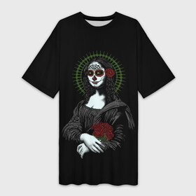 Платье-футболка 3D с принтом Mona Lisa   Santa Muerte в Екатеринбурге,  |  | dead | death | lisa | mona | muerte | muertos | santa | день | искуство | картина | лиза | мона | муэрте | муэртес | муэртос | роза | розы | санта | тату | татуировка | цветы | череп