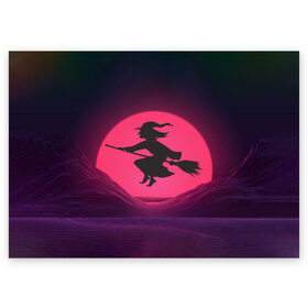 Поздравительная открытка с принтом The Witch(Happy Halloween) в Екатеринбурге, 100% бумага | плотность бумаги 280 г/м2, матовая, на обратной стороне линовка и место для марки
 | halloween | halloweenparty | witch | в подарок | ведьма | ведьмочка | вечеринка | детский дизайн | детский рисунок | для подарка | закат солнца | мягкие цвета | пати | хэллоуин