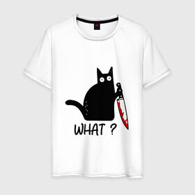 Мужская футболка хлопок с принтом What cat в Екатеринбурге, 100% хлопок | прямой крой, круглый вырез горловины, длина до линии бедер, слегка спущенное плечо. | cat | kitten | knife | what | кот | котёнок | кошка | кровь | нож | что