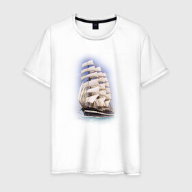 Мужская футболка хлопок с принтом Корабль в Екатеринбурге, 100% хлопок | прямой крой, круглый вырез горловины, длина до линии бедер, слегка спущенное плечо. | корабль | море | рисунок